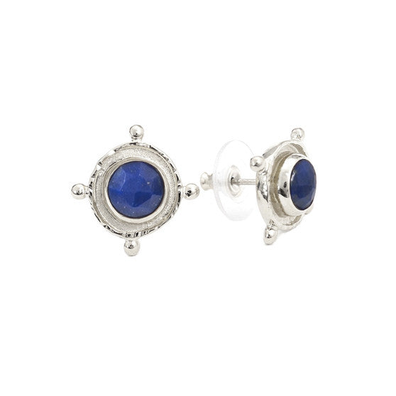 SILVER LAPIS MEDALLION STUD EARRINGS